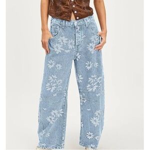 Floral Blue Women's wide leg, high waisted jeans